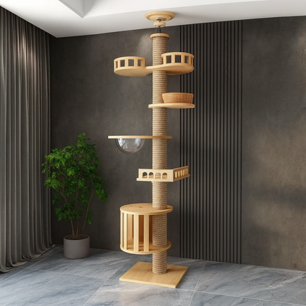 5-Tier Floor-to-Ceiling Cat Tree with Scratching Posts & Hammock