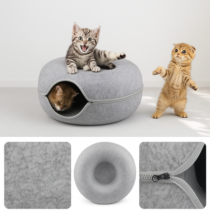 Donut Cat Bed with Tunnel – Cat House and Interactive Play Toy