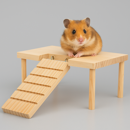 Wooden Hamster Platform with Ladder – Small Animal Ramp for Cages