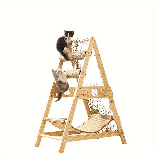 Wooden Cat Climbing Tree – Sisal Scratching Post with Hammock
