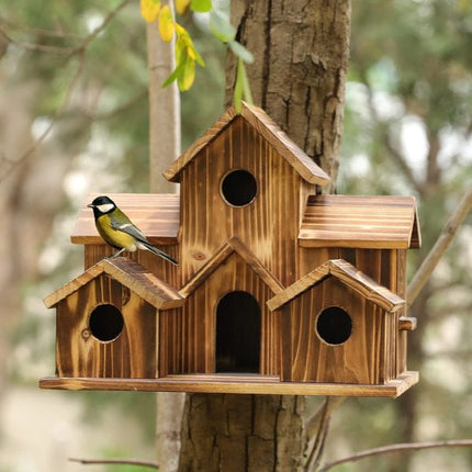 Wooden Birdhouse with 6 Openings – Hanging Outdoor Shelter for Wild Birds