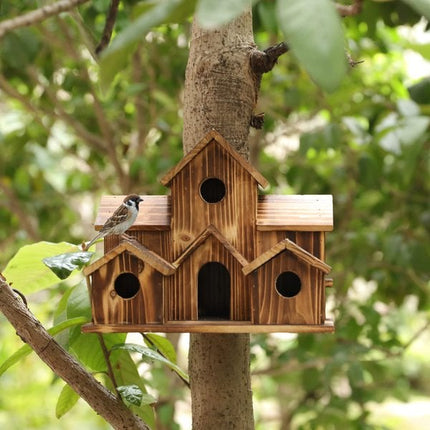 Wooden Birdhouse with 6 Openings – Hanging Outdoor Shelter for Wild Birds