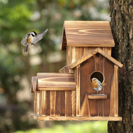 Wooden Birdhouse with 6 Openings – Hanging Outdoor Shelter for Wild Birds