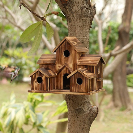 Wooden Birdhouse with 6 Openings – Hanging Outdoor Shelter for Wild Birds