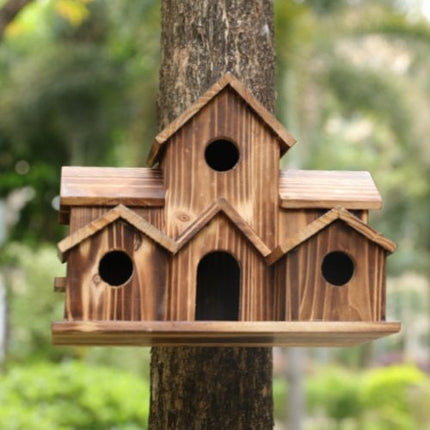 Wooden Birdhouse with 6 Openings – Hanging Outdoor Shelter for Wild Birds