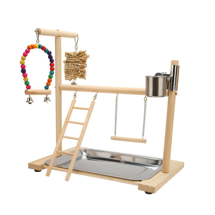 Wooden Parrot Playstand – Bird Playground with 2 Feeding Cups