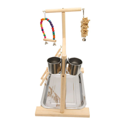 Wooden Parrot Playstand – Bird Playground with 2 Feeding Cups