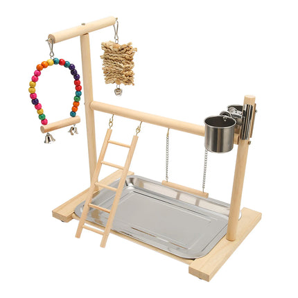 Wooden Parrot Playstand – Bird Playground with 2 Feeding Cups