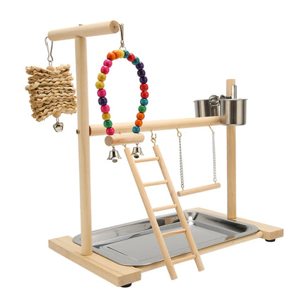 Wooden Parrot Playstand – Bird Playground with 2 Feeding Cups