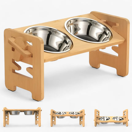Adjustable Elevated Pet Feeding Stand – Bamboo Frame with Stainless Steel Bowls