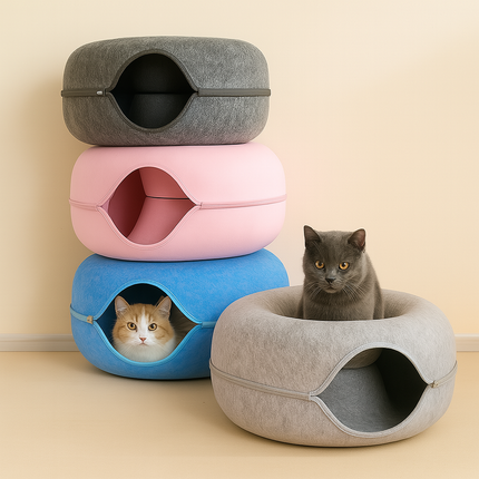 Donut Cat Bed with Tunnel – Cat House and Interactive Play Toy